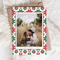 Modern Red Green Folk Quilt Photo Christmas Card