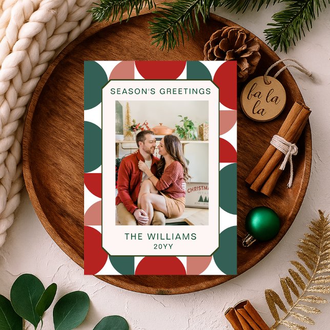 Modern Red & Green Geometric Floral Pattern Photo Holiday Card (Creator Uploaded)