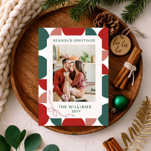 Modern Red & Green Geometric Floral Pattern Photo Holiday Card
