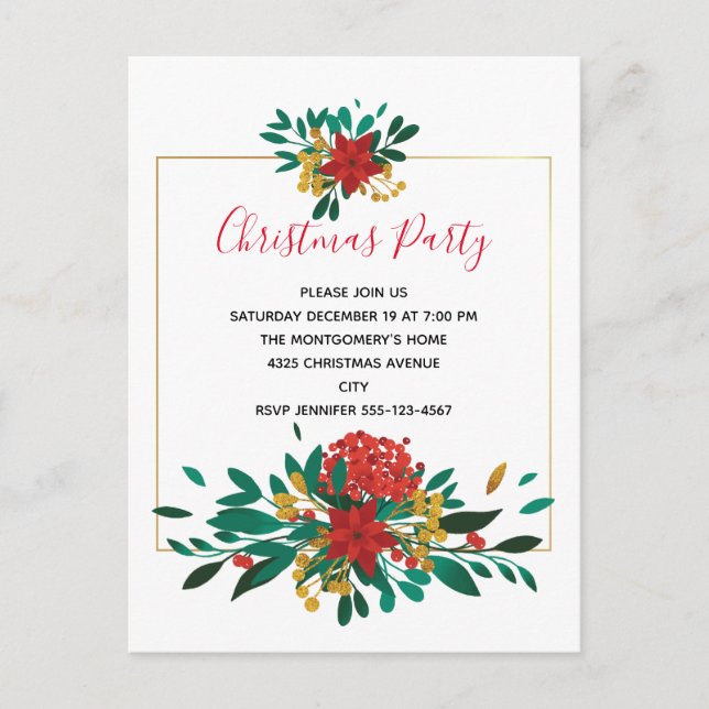 Modern Red Green & Gold Christmas Bouquet Party Invitation Postcard (Front)