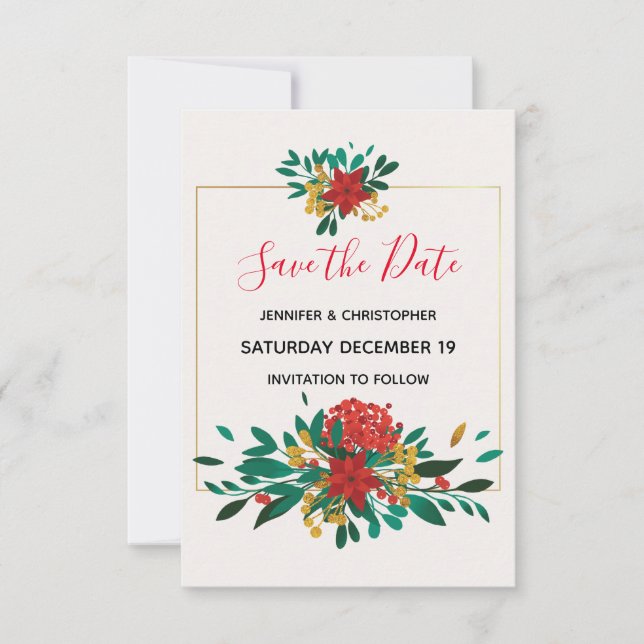 Modern Red Green & Gold Christmas Bouquet Wedding Save The Date (Front)