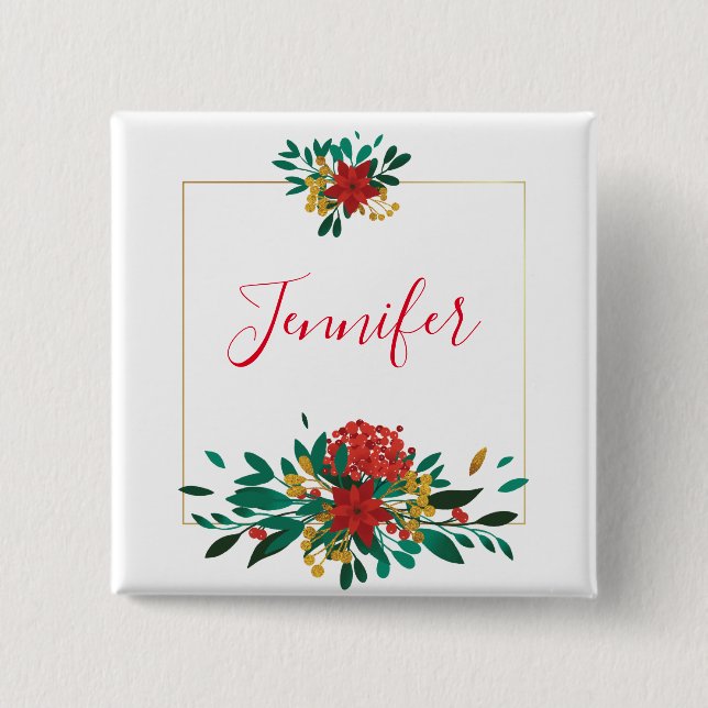 Modern Red Green & Gold Christmas Floral 2 Inch Square Button (Front)