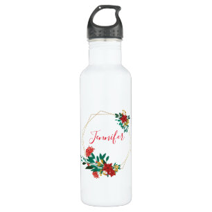Modern Red Green & Gold Christmas Floral 710 Ml Water Bottle