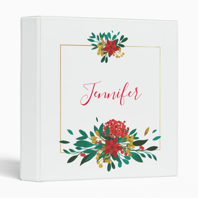 Modern Red Green & Gold Christmas Floral Binder (Front/Spine)