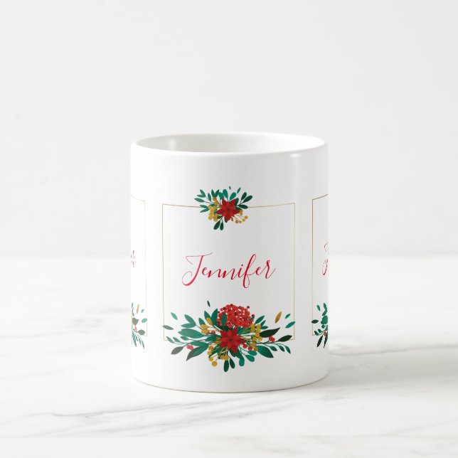 Modern Red Green & Gold Christmas Floral Coffee Mug (Center)