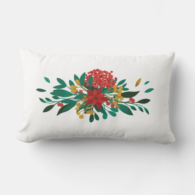 Modern Red Green & Gold Christmas Floral Lumbar Pillow (Front)