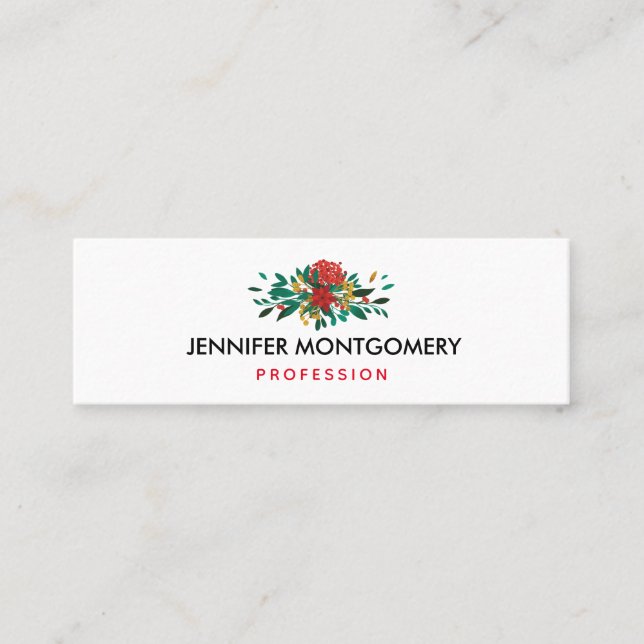 Modern Red Green & Gold Christmas Floral Mini Business Card (Front)
