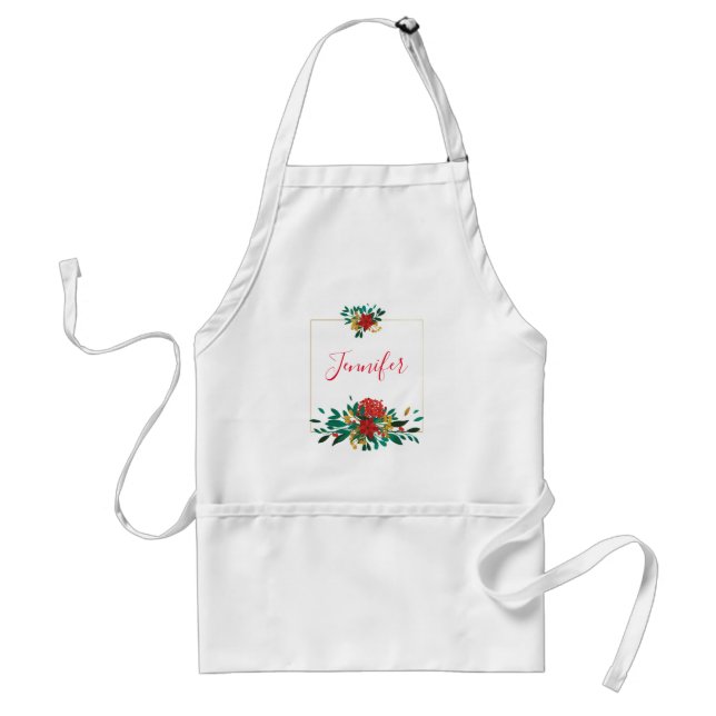Modern Red Green & Gold Christmas Floral Standard Apron (Front)