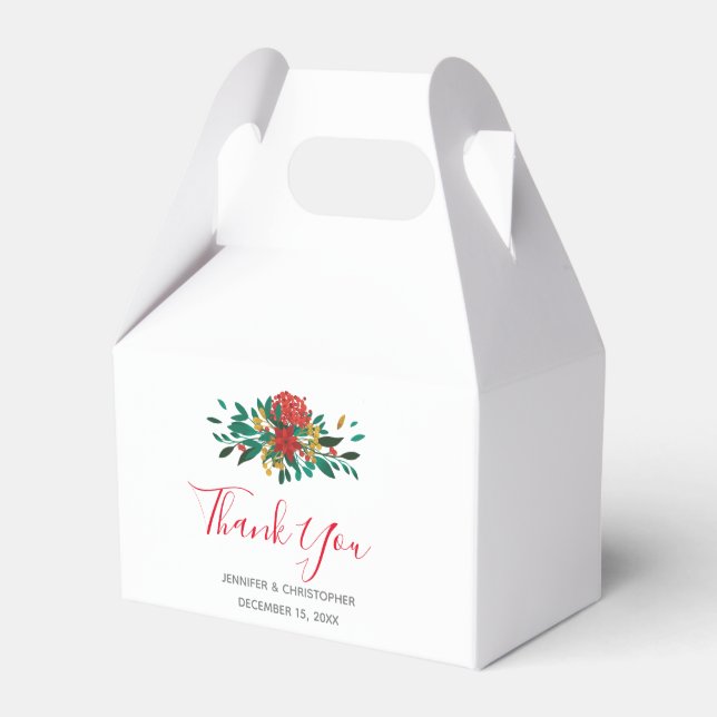 Modern Red Green & Gold Christmas Floral Thank You Favor Box (Front Side)