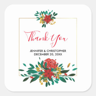 Modern Red Green & Gold Christmas Floral Thank You Square Sticker