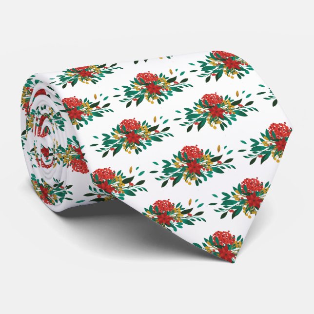 Modern Red Green & Gold Christmas Floral Tie (Rolled)