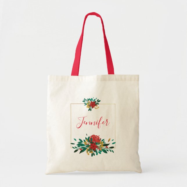 Modern Red Green & Gold Christmas Floral Tote Bag (Front)