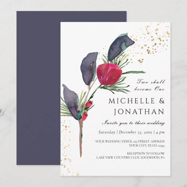 Modern Red Green Grey Winter Christian Wedding Invitation (Front/Back)