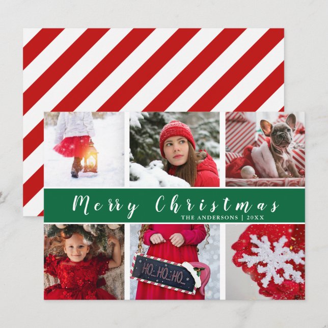 Modern Red & Green Merry Christmas Photo Collage Holiday Card (Front/Back)