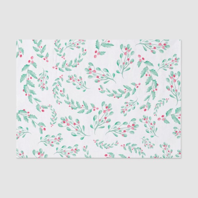 Modern red green mistletoe watercolor pattern tissue paper (Front)