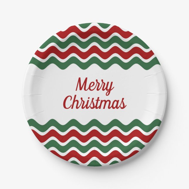 Modern Red Green Stripes Christmas Paper Plate (Front)