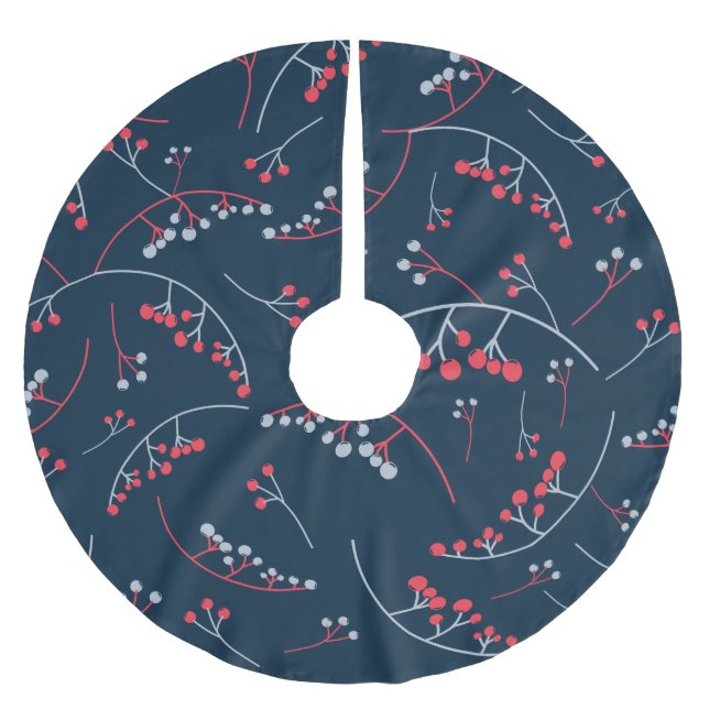 Modern red grey on navy blue berries illustration brushed polyester tree skirt (Front)