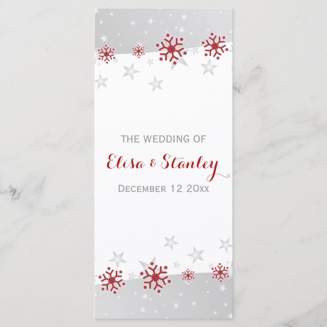 Modern red, grey snowflakes winter wedding program (Front)