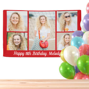 Modern Red Happy Birthday Photo Collage Party Banner