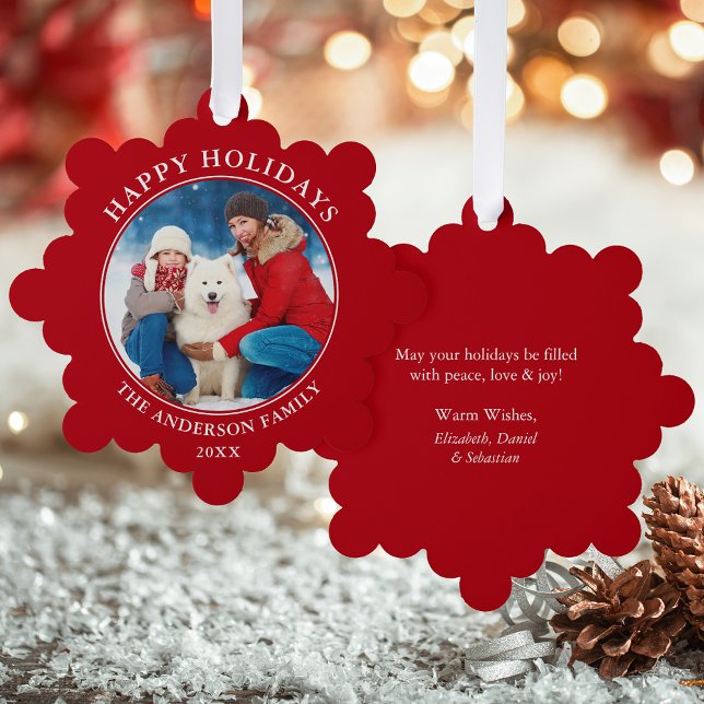 Modern Red Happy Holidays Photo Ornament Card (A greeting card that is also an ornament! Customize with your photo and personalized text.)