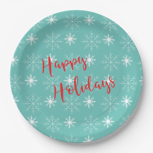 Modern Red Happy Holidays Text, Teal, Stars Paper Plate (Front)