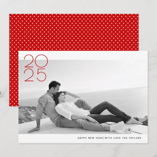 Modern red Happy New Year 2025 photo Holiday Card (Front/Back)