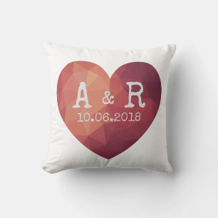 Modern red heart couple monograms and date throw pillow