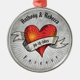 Modern Red Heart Couple Names Valentine's Day Metal Ornament