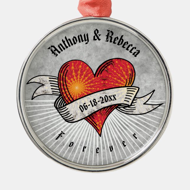 Modern Red Heart Couple Names Valentine's Day Metal Ornament (Front)