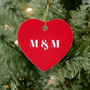 Modern red heart couple typography monogram ceramic ornament