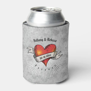 Modern Red Heart Fractal Couple Valentines Day Can Cooler