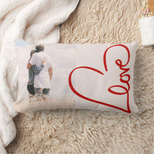 Modern Red Heart Line Art Love Photo Lumbar Pillow