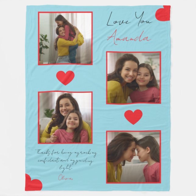 Modern Red Hearts Sibling Photo Collage Fleece Blanket (Front)