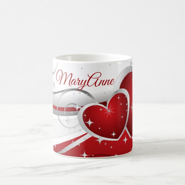 Modern Red Hearts with Personalized Name Coffee Mug (Center)