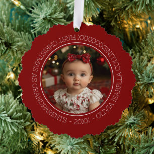 Modern Red Holiday Baby's First Christmas Photo Ornament Card