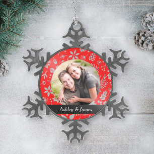 Modern Red Holiday Foliage Couple Photo Snowflake Pewter Christmas Ornament