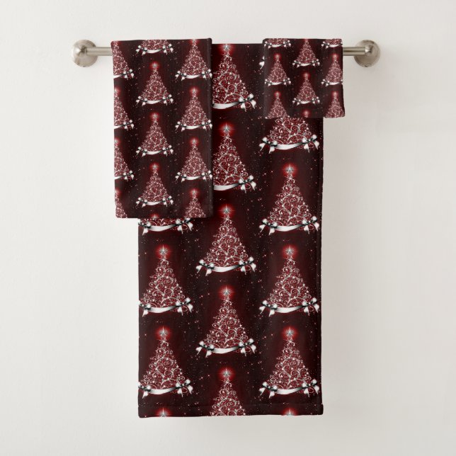 Modern Red Holiday Tree Motif Bath Towel Set (Insitu)