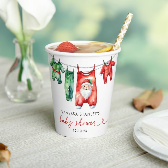 Modern Red Holly Christmas Santa Baby Shower Paper Cups (Insitu)