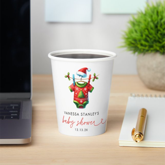 Modern Red Holly Christmas Santa Baby Shower Paper Cups (Insitu)