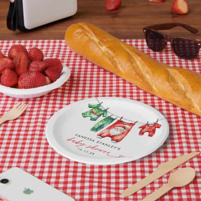 Modern Red Holly Christmas Santa Baby Shower Paper Plate (Picnic)