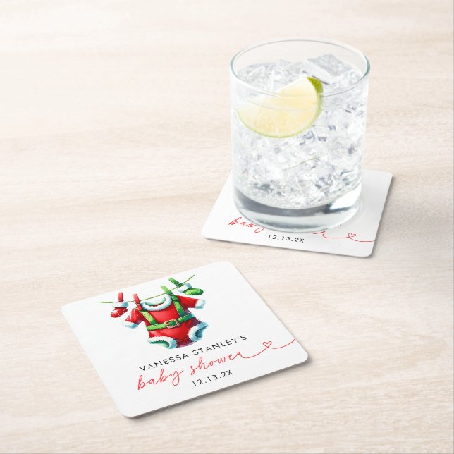 Modern Red Holly Christmas Santa Baby Shower Square Paper Coaster (Insitu)
