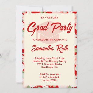 Modern Red Ivory Floral Graduation Party Invitation