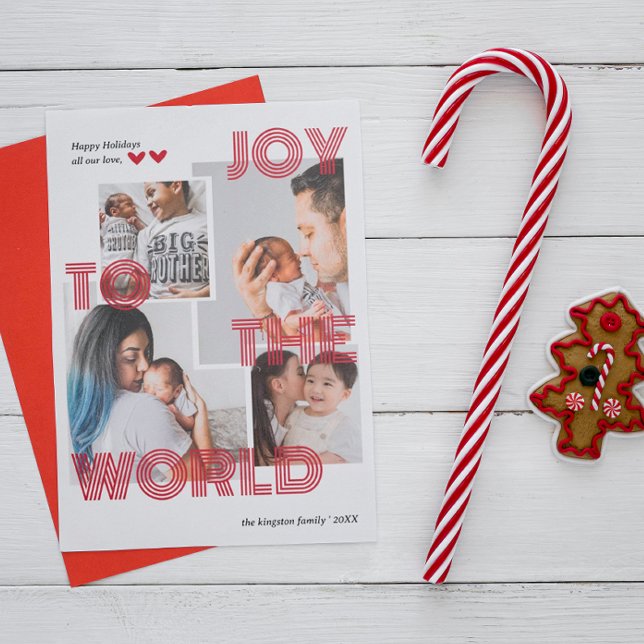 Modern Red Joy To The World Overlay Photo Collage Holiday Card (Creator Uploaded)