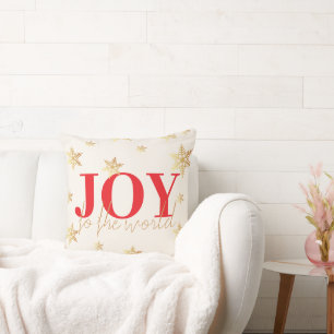 Modern Red Joy To The World Snow Flakes Throw Pillow