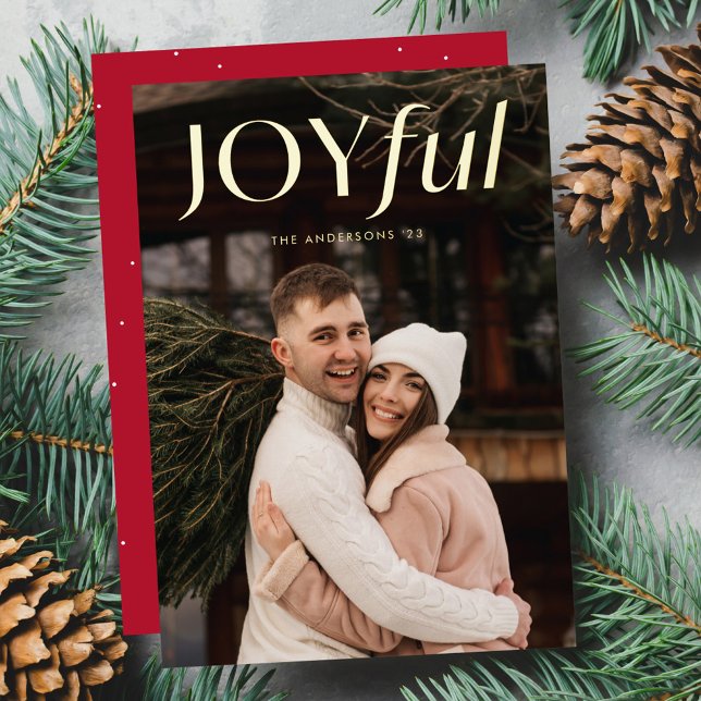 Modern Red Joyful Photo Foil Holiday Card (Creator Uploaded)