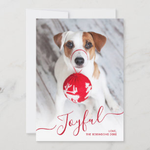 Modern Red Joyful Script 2 Photo Christmas Holiday Card