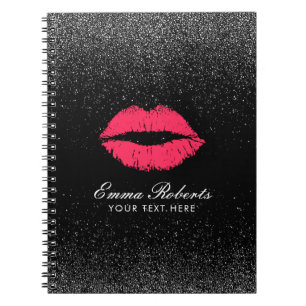 Modern Red Lips Trendy Black Glitter Elegant Notebook