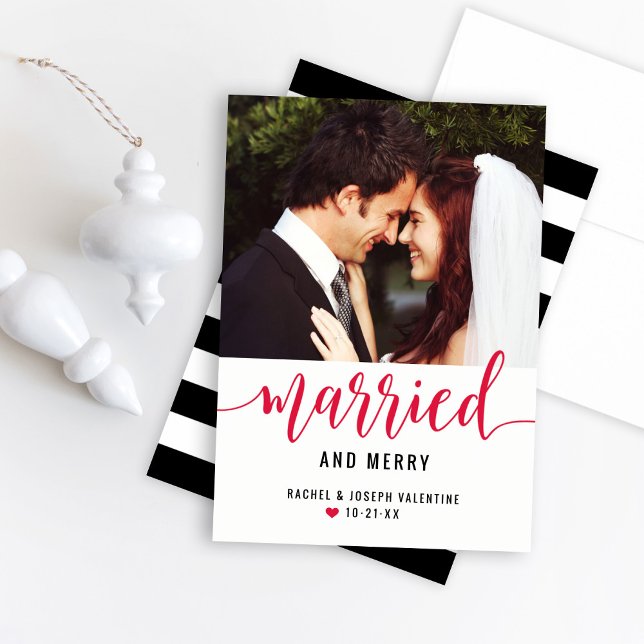 Modern Red Married and Merry Wedding Photo Holiday Card (Creator Uploaded)