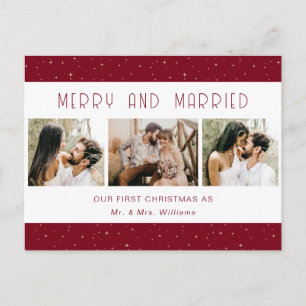 Modern Red Merry and Married Photo Newlywed Holiday Postcard