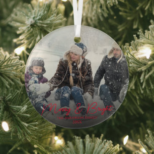 Modern Red Merry & Bright Calligraphy Family Photo Glass Ornament